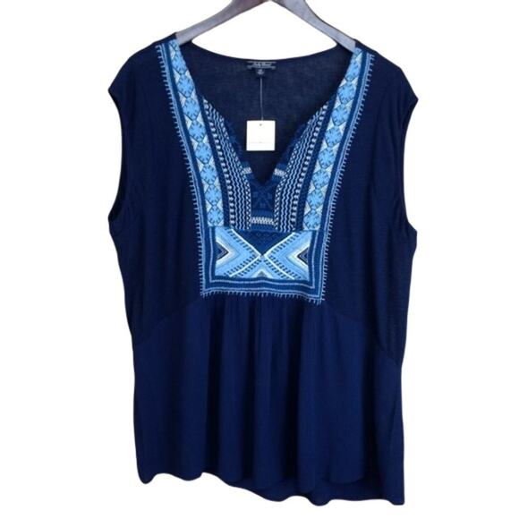 Lucky Brand Split Neck Embroidered Top - Picture 1 of 8